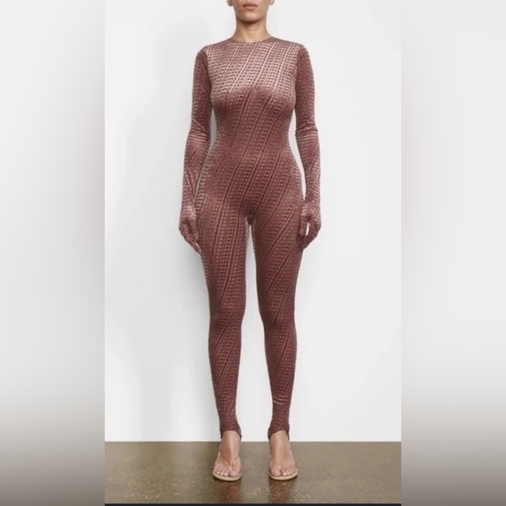 Skims Velvet Stirrup Onesie in Chestnut